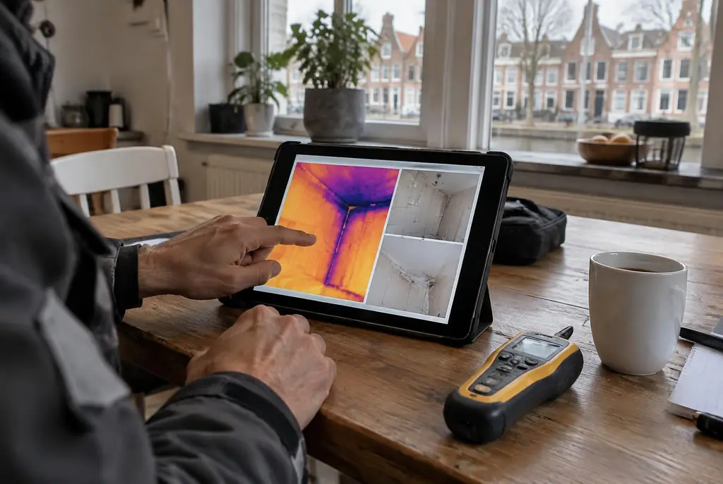 Lekdetectie Den Dolder – lekdetectierapport met warmtebeelden en foto's op een tablet