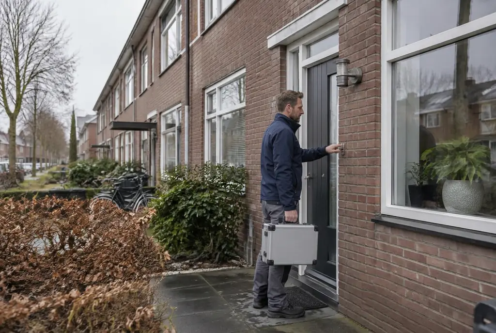 Lekdetectiespecialist met meetkoffer bij de voordeur van een woning in Den Dolder